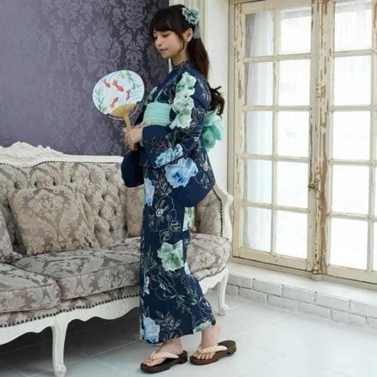 ネイビーにクラシカルな淡いグリーン系花柄浴衣3点セット(YUKATA) | GRAXIA | 詳細画像3 