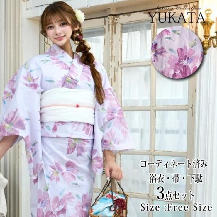 淡い紫に大柄なピンクの花が群れ咲く浴衣3点セット(YUKATA) | GRAXIA | 詳細画像1 