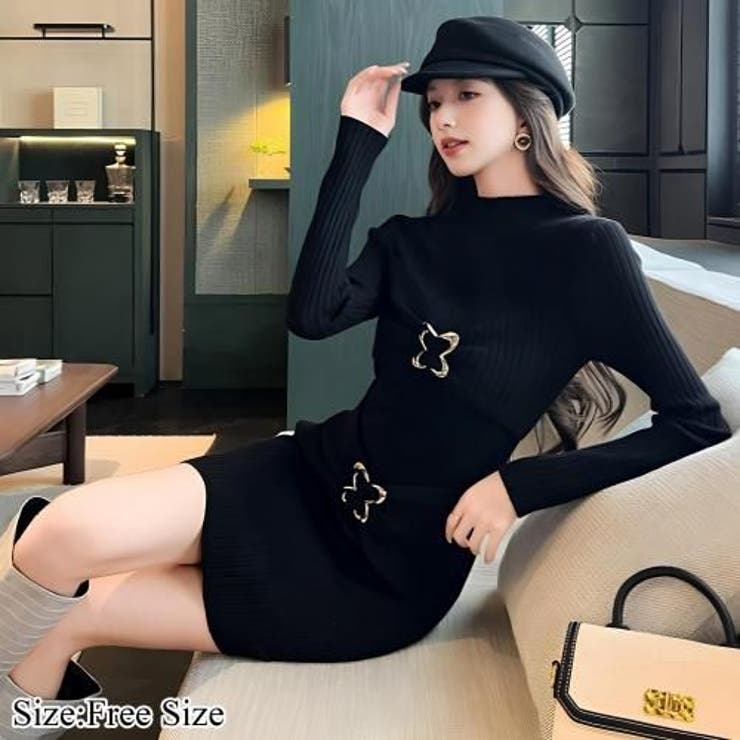 メタルバタフライ×立体リボンが可愛い大人の着痩せニットミニワンピース(キャバドレ… | GRAXIA | 詳細画像1 