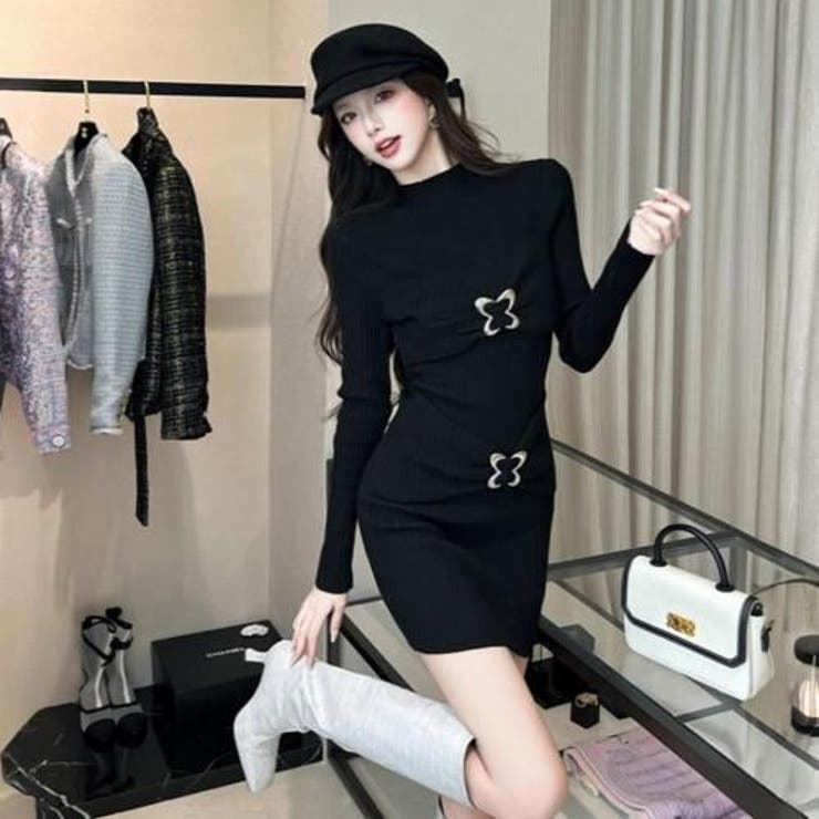 メタルバタフライ×立体リボンが可愛い大人の着痩せニットミニワンピース(キャバドレ… | GRAXIA | 詳細画像11 