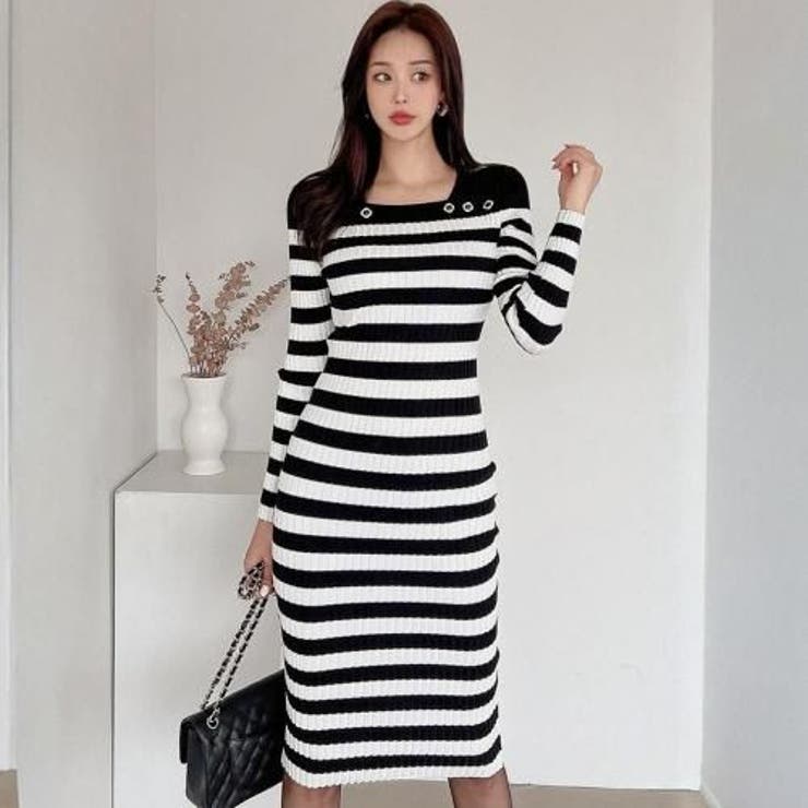 ジュエリーボタンが輝くレイヤード風襟元のボーダーニットワンピース(キャバドレス … | GRAXIA | 詳細画像3 