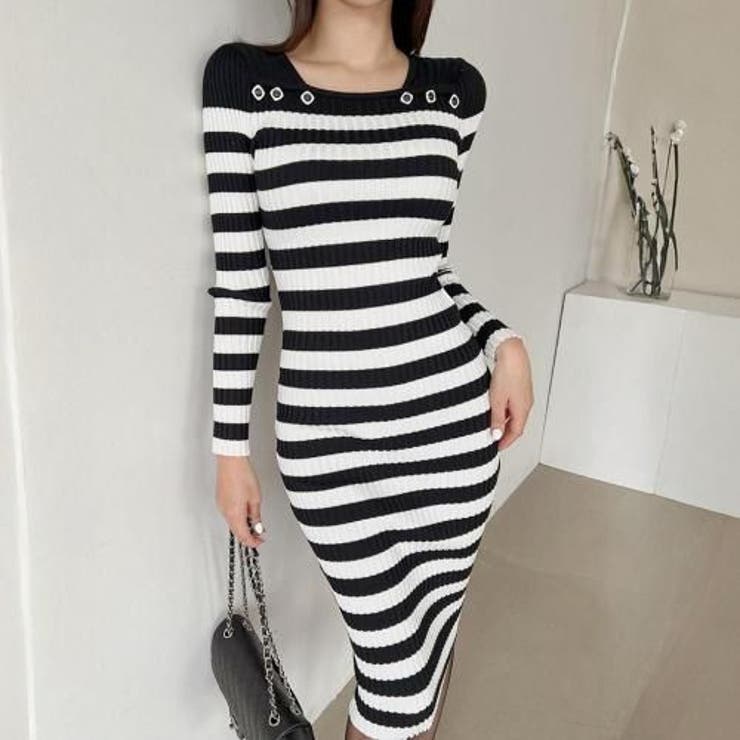 ジュエリーボタンが輝くレイヤード風襟元のボーダーニットワンピース(キャバドレス … | GRAXIA | 詳細画像4 