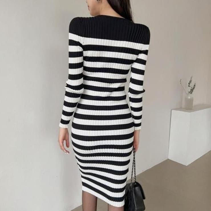 ジュエリーボタンが輝くレイヤード風襟元のボーダーニットワンピース(キャバドレス … | GRAXIA | 詳細画像5 