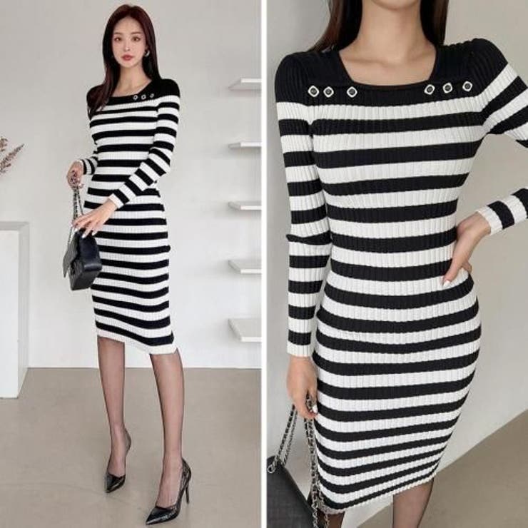 ジュエリーボタンが輝くレイヤード風襟元のボーダーニットワンピース(キャバドレス … | GRAXIA | 詳細画像8 