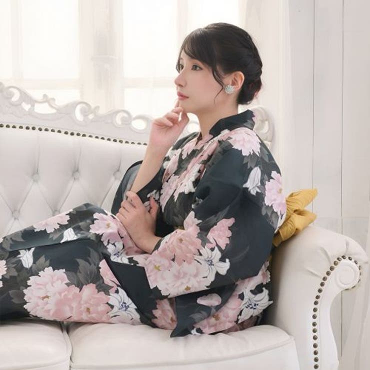 風情あふれる墨黒に美しく咲き誇る牡丹と百合の浴衣2点セット(YUKATA) | GRAXIA | 詳細画像10 