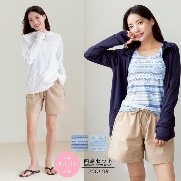 エスニックボーダー柄タンキニとスタンドラッシュガード付き4点セット(水着 体型カ… | GRAXIA | 詳細画像2 