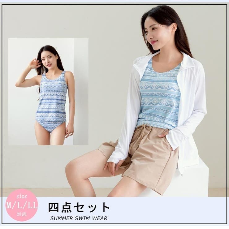 エスニックボーダー柄タンキニとスタンドラッシュガード付き4点セット(水着 体型カ… | GRAXIA | 詳細画像3 