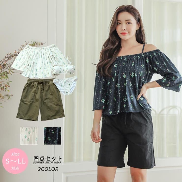 オフショルトップスがヘルシーな小ぶりサボテン柄体形カバービキニ4点セット(水着 … | GRAXIA | 詳細画像3 