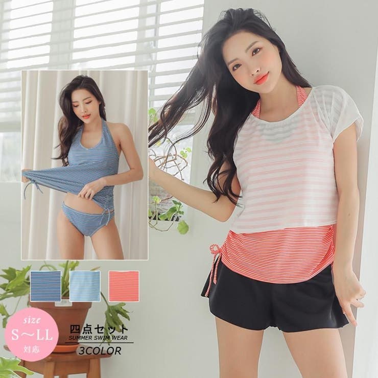 サイドシャーリングボーダータンキニ水着4点セット(水着・体型カバー水着) | GRAXIA | 詳細画像2 