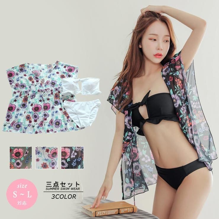 リボンバンドゥと花柄トップスのビキニ3点セット(水着・体型カバー水着) | GRAXIA | 詳細画像3 