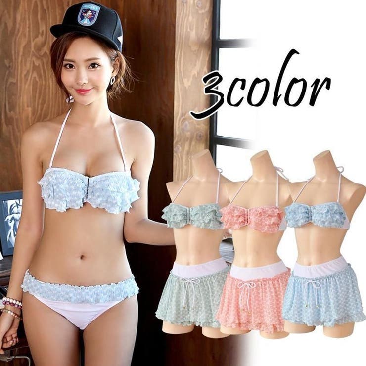 くすみカラーにくしゅくしゅフリルがフェミニンなバンドゥビキニ3点セット(水着 ビ… | GRAXIA | 詳細画像2 