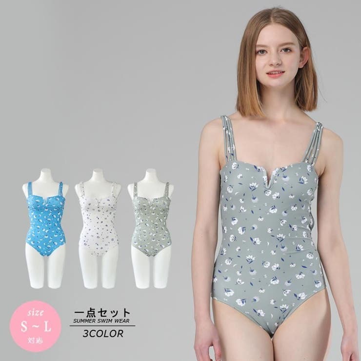 小花広がるハートシェイプドネックモノキニワンピース(水着