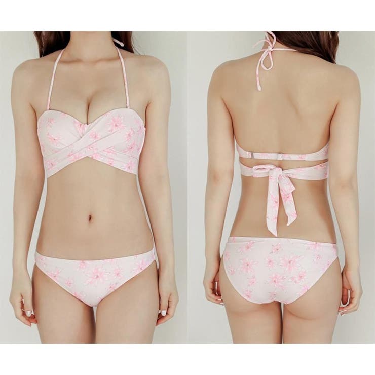 PrettyLittleThing★水着 GOLD飾り バンドゥ ビキニ 上下セット 水着 レディース バンドゥビキニ 2点セット 花柄 フラワー 上下