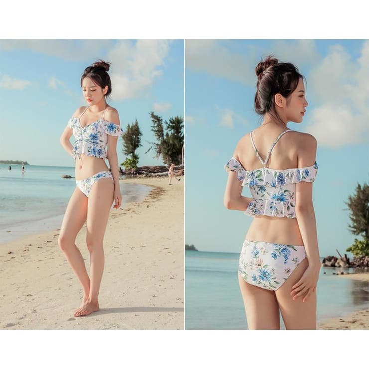フロントシャーリング花柄オフショルビキニ2点セット(水着