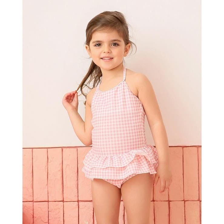 【新品】swankiss 水着　ギンガムチェック　ピンク　baby 新品 水着 女の子 上下セット キャップ付 ギンガムチェック
