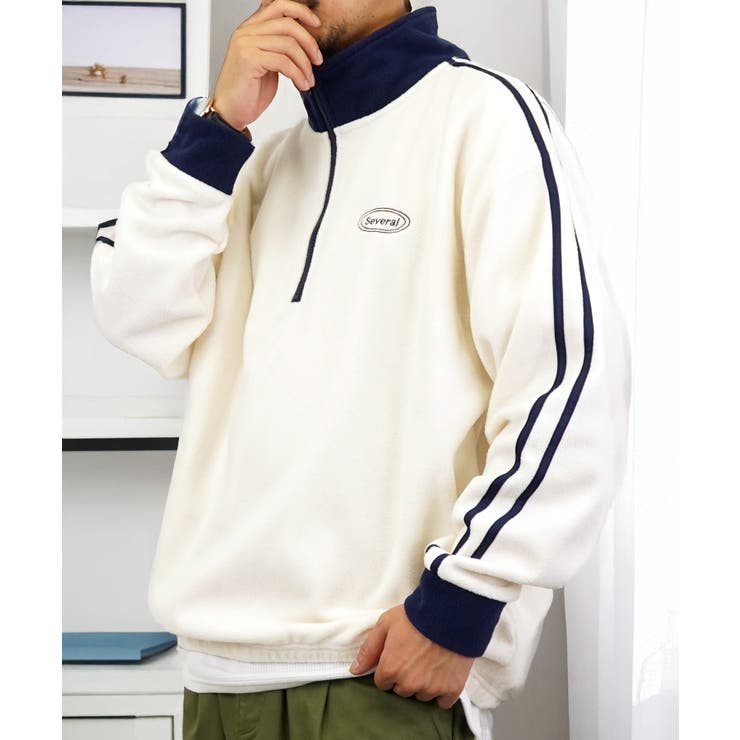 【ｵｰﾊﾞｰｻｲｽﾞ】 サイドライン ハーフジップ フリース プルオーバー #ライン #ハイネック #トラック #ジャージ