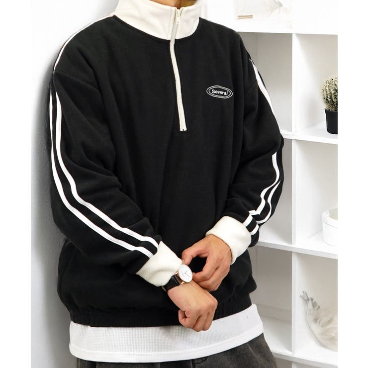 【ｵｰﾊﾞｰｻｲｽﾞ】 サイドライン ハーフジップ フリース プルオーバー #ライン #ハイネック #トラック #ジャージ