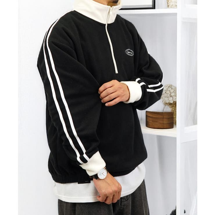 【ｵｰﾊﾞｰｻｲｽﾞ】 サイドライン ハーフジップ フリース プルオーバー #ライン #ハイネック #トラック #ジャージ