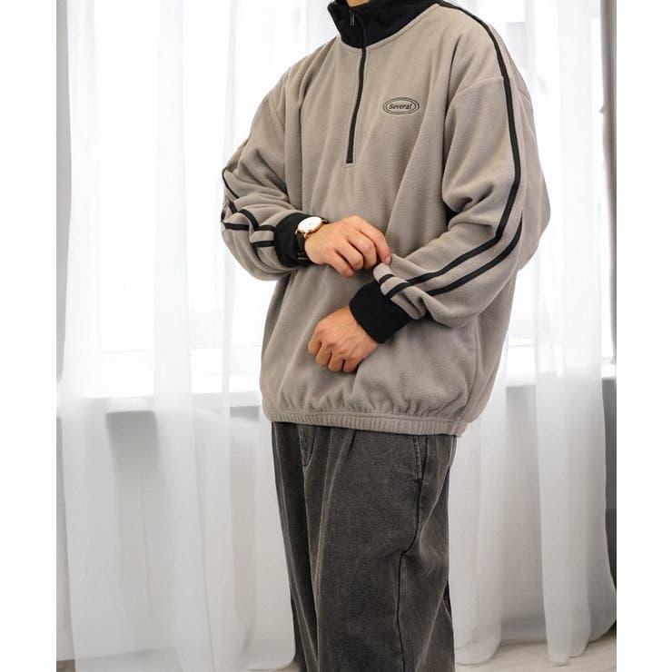 【ｵｰﾊﾞｰｻｲｽﾞ】 サイドライン ハーフジップ フリース プルオーバー #ライン #ハイネック #トラック #ジャージ