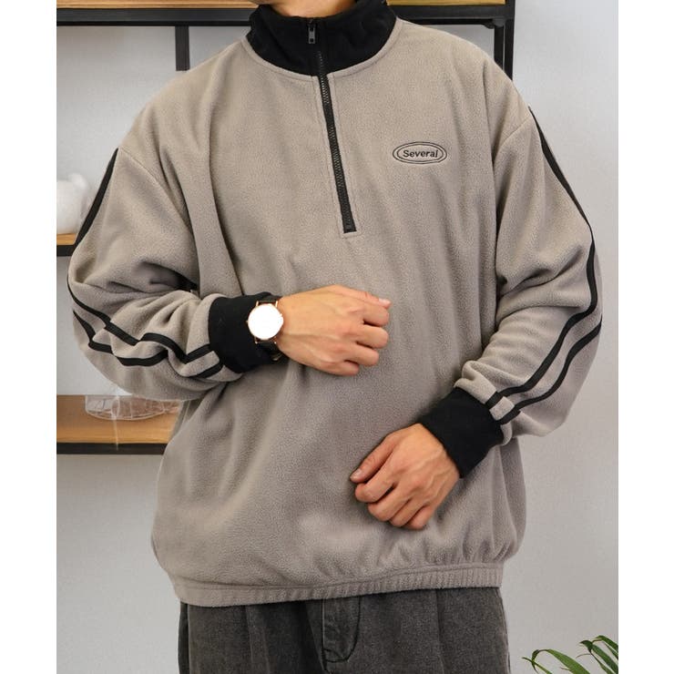 【ｵｰﾊﾞｰｻｲｽﾞ】 サイドライン ハーフジップ フリース プルオーバー #ライン #ハイネック #トラック #ジャージ