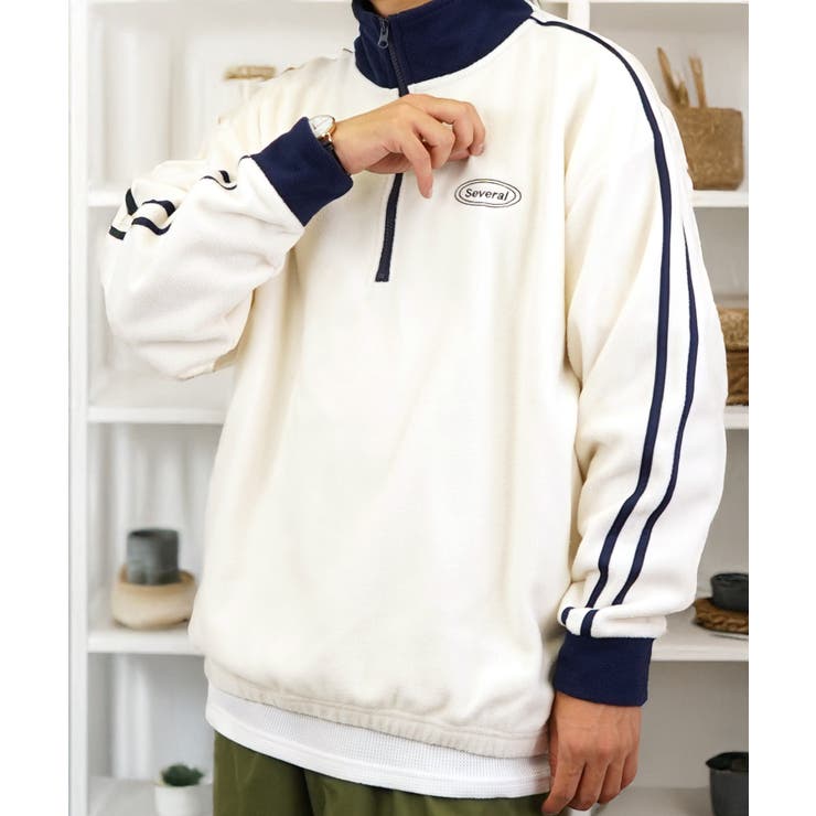【ｵｰﾊﾞｰｻｲｽﾞ】 サイドライン ハーフジップ フリース プルオーバー #ライン #ハイネック #トラック #ジャージ