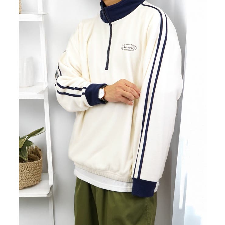 【ｵｰﾊﾞｰｻｲｽﾞ】 サイドライン ハーフジップ フリース プルオーバー #ライン #ハイネック #トラック #ジャージ