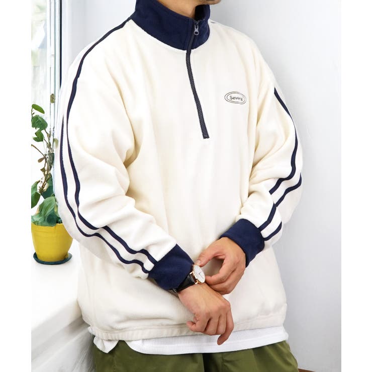 【ｵｰﾊﾞｰｻｲｽﾞ】 サイドライン ハーフジップ フリース プルオーバー #ライン #ハイネック #トラック #ジャージ