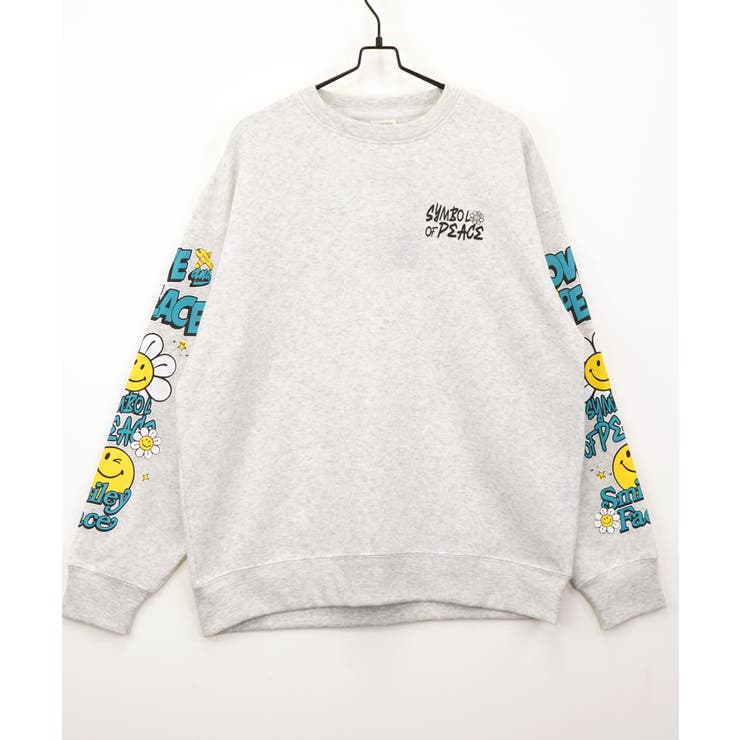 2種のﾃﾞｻﾞｲﾝ【SMILEY FACE】オーバーサイズ スマイル スウェット トレーナー 裏起毛 袖プリント #キャラクター ＃グラフィック