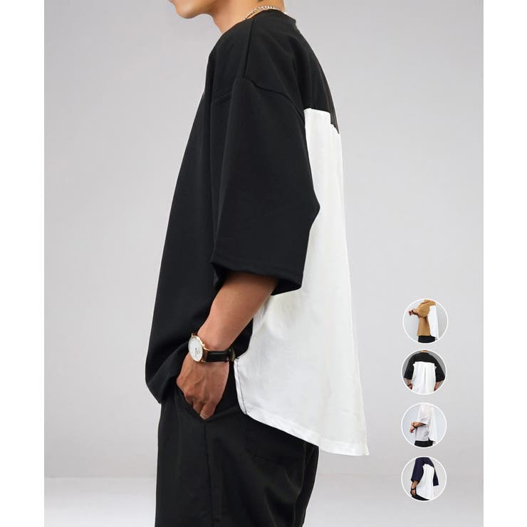 ブラック | 【オーバーサイズ】シャツ切替 Tシャツ半袖 ジョーゼット #無地 | GROOVY STORE