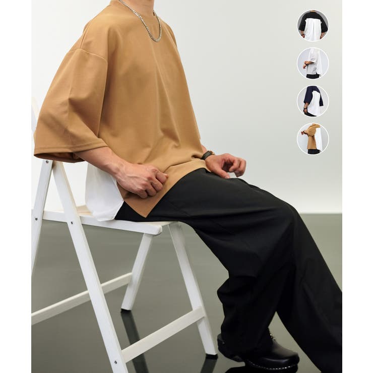 ブラウン | 【オーバーサイズ】シャツ切替 Tシャツ半袖 ジョーゼット #無地 | GROOVY STORE