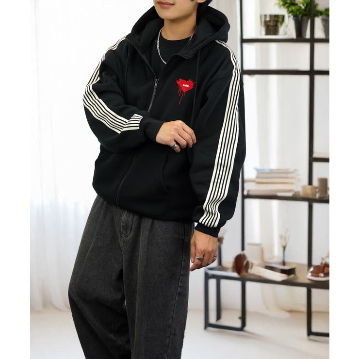 ボリューム袖 ハート ワイド ジップパーカー サイドライン