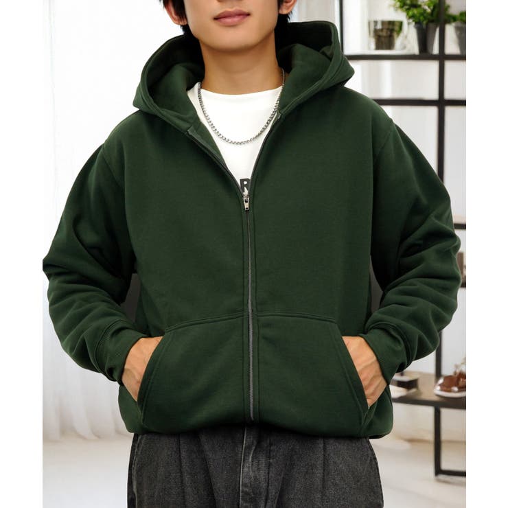 グリーン | 無地 裏起毛フルジップパーカー | GROOVY STORE
