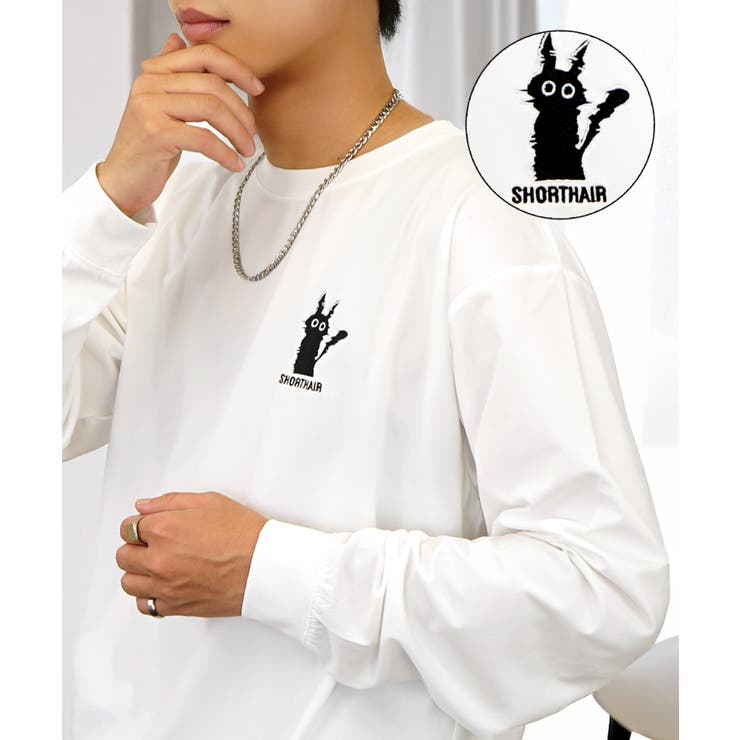 ホワイト-1 | 黒ネコ 刺繍 ストレッチ 長袖 Tシャツ  | GROOVY STORE