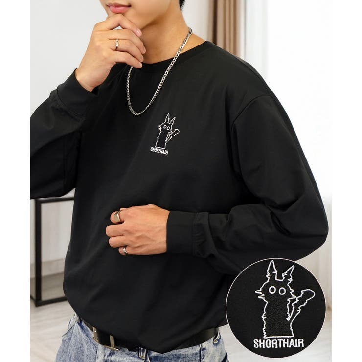 ブラック-1 | 黒ネコ 刺繍 ストレッチ 長袖 Tシャツ  | GROOVY STORE