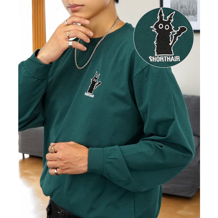 グリーン-1 | 黒ネコ 刺繍 ストレッチ 長袖 Tシャツ  | GROOVY STORE
