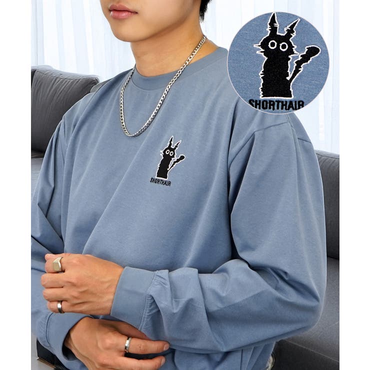 ダルブルー1 | 黒ネコ 刺繍 ストレッチ 長袖 Tシャツ  | GROOVY STORE