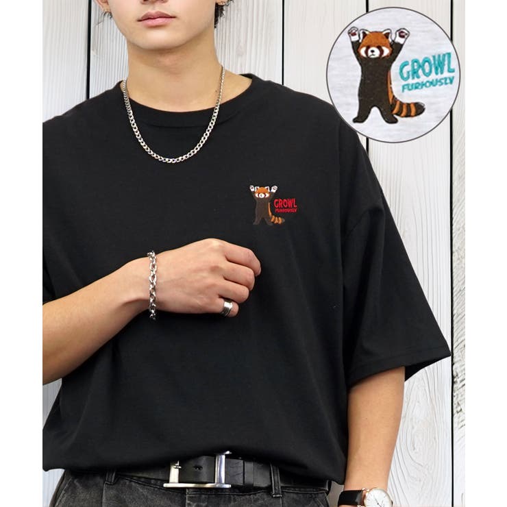 ブラック-レッサーパンダ | 刺繍 ワンポイント Tシャツ半袖 T ロゴ ワイド  | GROOVY STORE