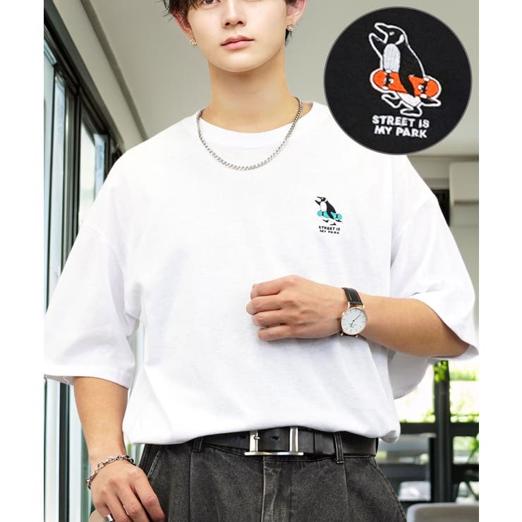 ホワイト-ペンギン | 刺繍 ワンポイント Tシャツ半袖 T ロゴ ワイド  | GROOVY STORE