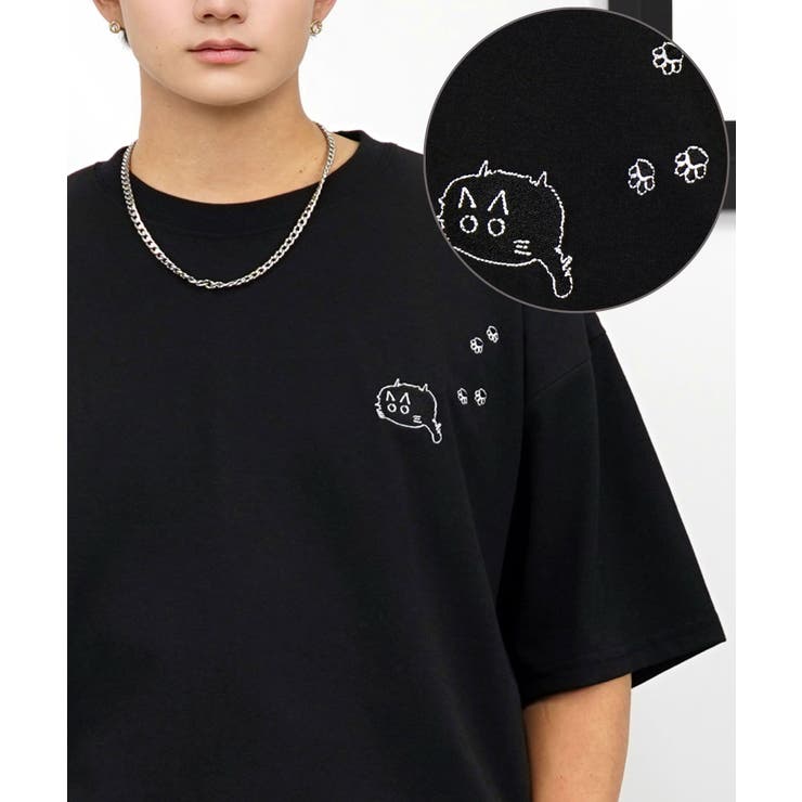 ブラック-足跡ネコ | 【刺繍】黒猫 ワンポイント Tシャツ半袖 グラフィック クロネコ 足跡 ハート | GROOVY STORE