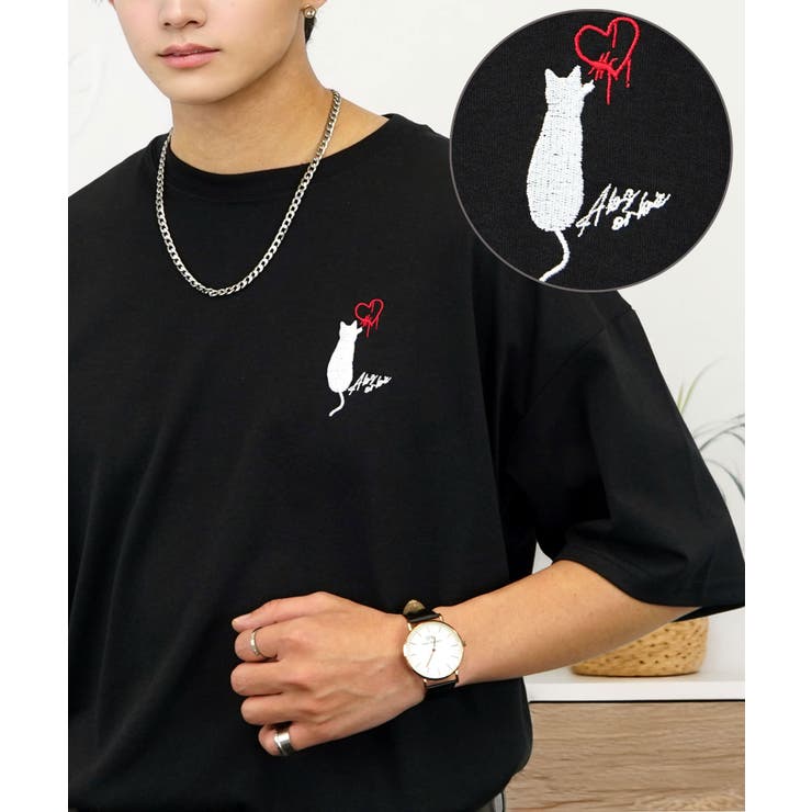 ブラック-ハートネコ | 【刺繍】黒猫 ワンポイント Tシャツ半袖 グラフィック クロネコ 足跡 ハート | GROOVY STORE