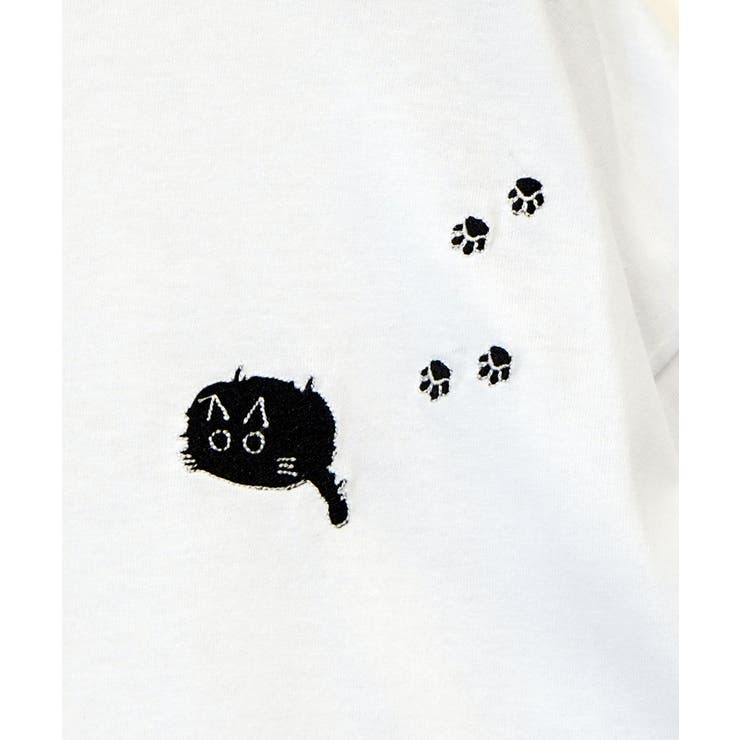 【刺繍】黒猫 ワンポイント Tシャツ半袖 グラフィック クロネコ 足跡 ハート | GROOVY STORE | 詳細画像18 