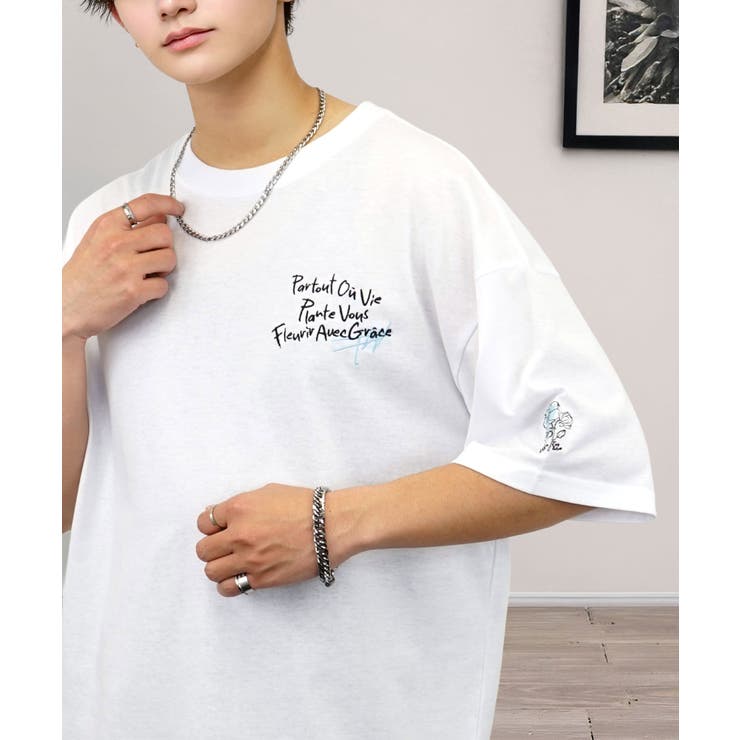 ホワイト | 【刺繍】ワンポイント Tシャツ半袖 グラフィック フラワー ロゴ 袖刺繍 | GROOVY STORE
