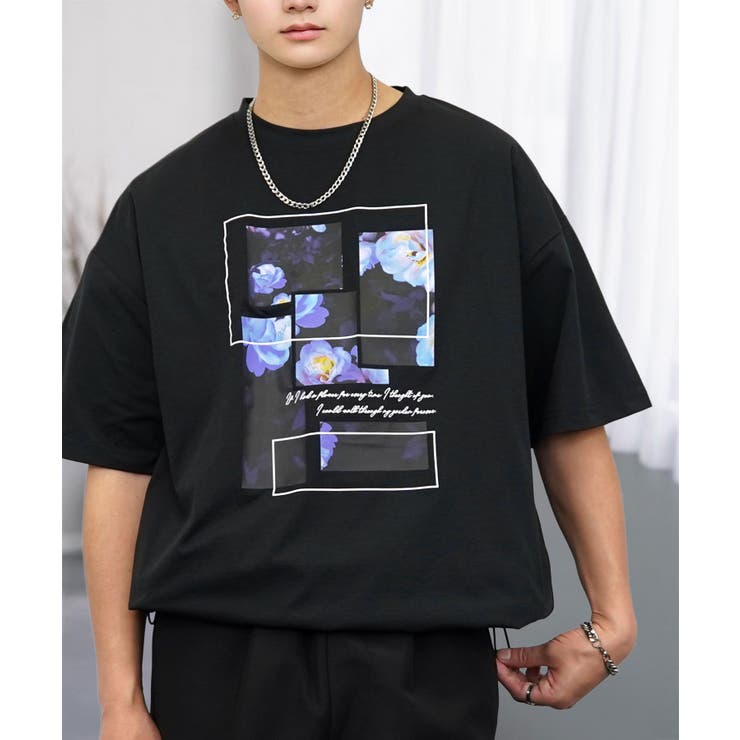 ブラック‐フラワー1 | ルーズフィット グラフィック 半袖Tシャツ 短丈可能 ドロスト | GROOVY STORE