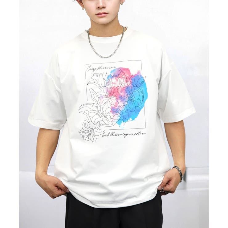 ホワイト‐フラワー2 | ルーズフィット グラフィック 半袖Tシャツ 短丈可能 ドロスト | GROOVY STORE
