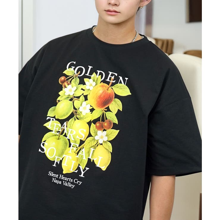 ブラック‐フルーツ | ルーズフィット グラフィック 半袖Tシャツ 短丈可能 ドロスト | GROOVY STORE