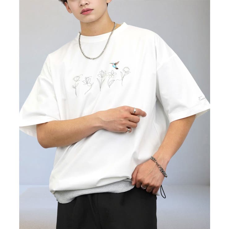 ホワイト-待鳥 | ルーズフィット グラフィック 半袖Tシャツ 短丈可能 ドロスト 刺繍ロゴT | GROOVY STORE