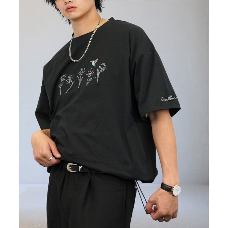ブラック-待鳥 | ルーズフィット グラフィック 半袖Tシャツ 短丈可能 ドロスト 刺繍ロゴT | GROOVY STORE