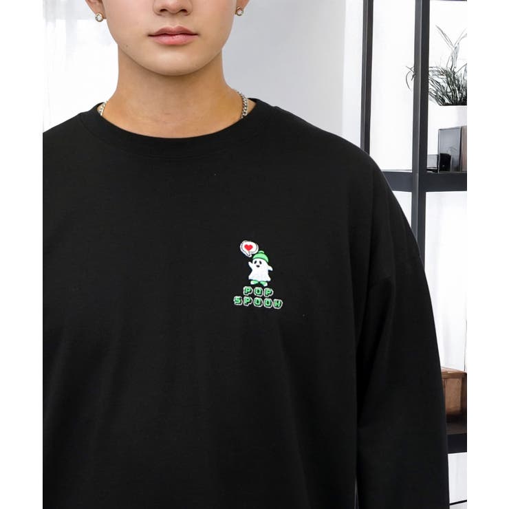ブラック-ゴースト | ワイドシルエット ワンポイント長袖Tシャツ ロンT | GROOVY STORE