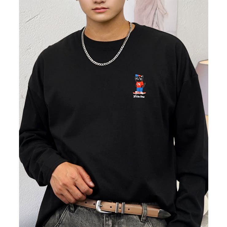 ブラック-ネコ3 | ワイドシルエット ワンポイント長袖Tシャツ ロンT | GROOVY STORE