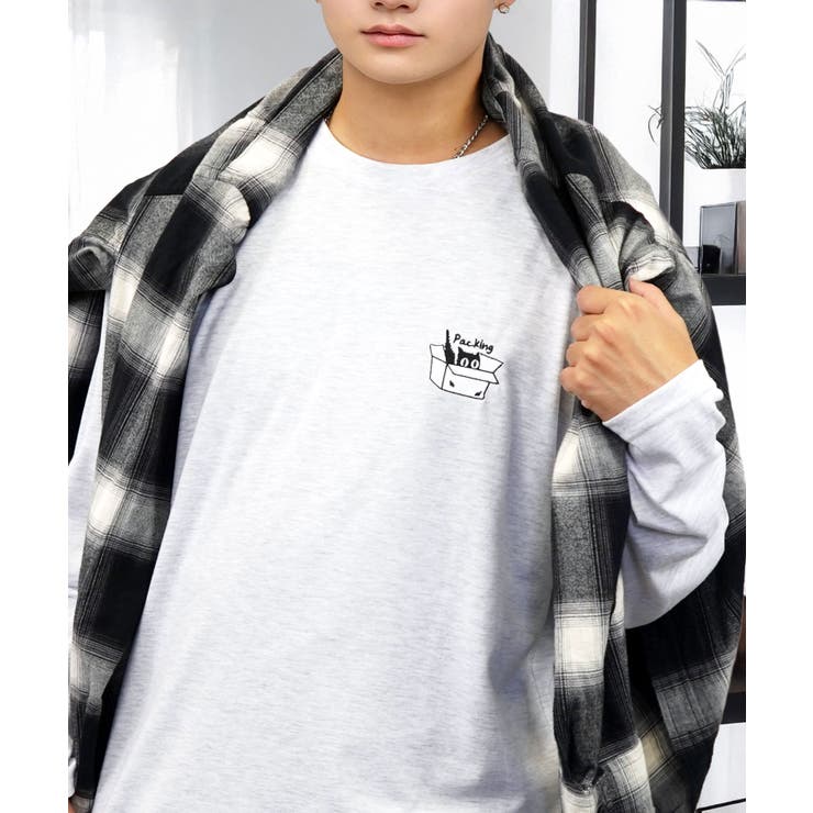 シロ杢-ネコ2 | ワイドシルエット ワンポイント長袖Tシャツ ロンT | GROOVY STORE